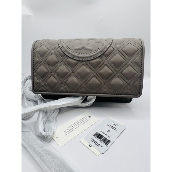 Tory Burch Fleming Matte Wallet on Chain Crossbody Clutch Gray Heron New…